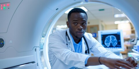 Aufkleber - A technician adjusting settings on a CT scanner, illustrating diagnostic imaging technology in emergency medicine