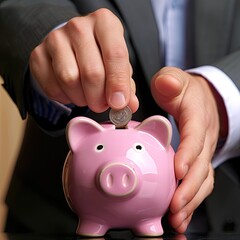 Poster - Close-up of a young businessman's hands placing a coin into a piggy bank, illustrating careful saving habits.