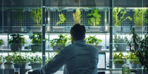 Aufkleber - A scientist analyzing MRI scans of plants overlaid with growth charts, showcasing agricultural diagnostic imaging