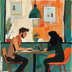 Poster - Colleagues working together on a laptop in a coffee shop.