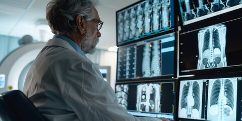 Aufkleber - A radiologist reviewing a spine MRI scan, symbolizing diagnostic imaging in spinal health and orthopedics