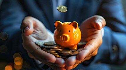 Poster - he hands of a young businessman with a coin in one hand and a piggy bank in the other, ready to make a deposit. 