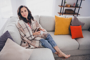 Canvas Print - Photo of doubtful unsure lady wear plaid shirt drinking tablets indoors room home house