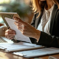 Poster - A woman reviewing health insurance documents on a tablet at her desk. 