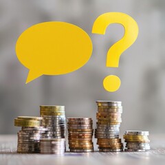 Aufkleber - A yellow speech bubble with a question mark balancing on multiple stacks of coins. 