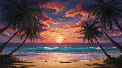 Ocean sunset scenery summer evening with palm tree silhouettes desktop wallpaper