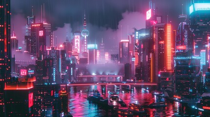 Poster - A futuristic city skyline at night with neon lights reflecting in the water.