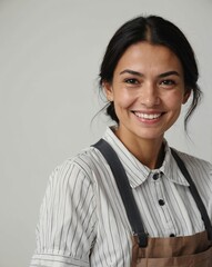 Wall Mural - female housekeeper plain white background smiling happy portrait with copy space