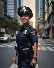 Wall Mural - female police busy city street background smiling happy portrait with copy space