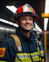 Wall Mural - firefighter subway train platform background smiling happy portrait with copy space