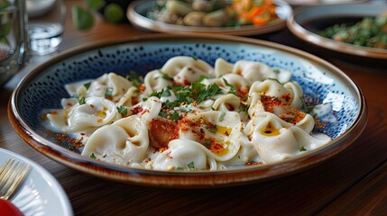 Turkish ravioli manti is a traditional Turkish dish made from yufka dough and minced meat Served with yoghurt tomato paste sauce red pepper flakes thyme and mint