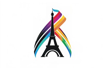 The logo for the Paris Olympic Games features an Eiffel Tower with five colored stripes in the style of minimalism. It has a simple, flat design with a black outline on a white background. 