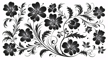  A black abstract floral ornament on a white background, a stylish and modern design suitable for wallpaper, textile, or graphic decoration.