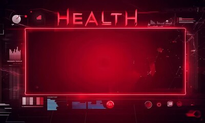 Wall Mural - Red Neon Health Interface - Futuristic digital health interface with a red neon frame and the word 