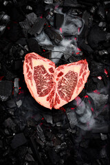 Wall Mural - Raw aged Wagyu Ribeye steak on a background of hot coals. Top view.