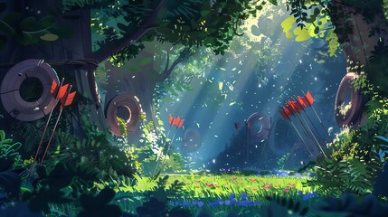 Poster - A whimsical forest scene with  round targets and arrows.