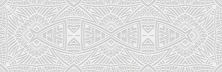 Wall Mural - Banner, cover design. Relief geometric artistic 3D pattern on a white background, embossing. Ethnic ornaments, arabesques, handmade. Tribal motifs of the East, Asia, India, Mexico, Aztec, Peru.