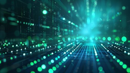 Poster - Digital networks are symbolized by glowing dots in abstract technology background, showing data flow