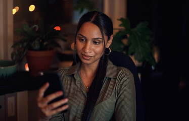 Aufkleber - Woman, scroll and smartphone in office or reading and internet for mobile app or notification. Technology, journalist and smile for blog, connectivity and work at night or social media for networking