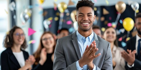 Fototapete - An employee receiving an award at a company event, smiling proudly while colleagues applaud