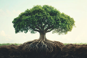 Symbol of Sustainability, Tree with Roots and Leaves, A large healthy tree with expansive roots and lush foliage