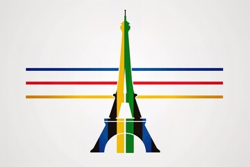 Wall Mural - The logo for the Paris Olympic Games features an Eiffel Tower with five colored stripes in the style of minimalism. It has a simple, flat design with a black outline on a white background. 