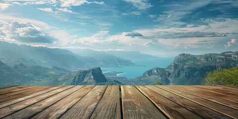 Aufkleber - An empty wood table on a patio, overlooking a scenic view of mountains or the ocean