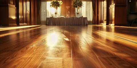Aufkleber - A large empty wood table in a banquet hall, prepared for an elegant dinner or special event