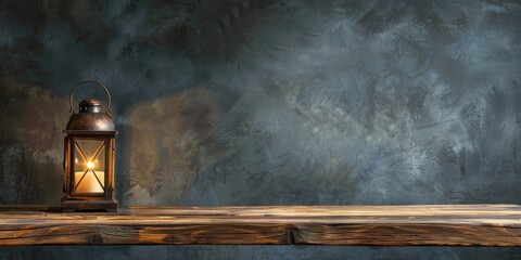 Aufkleber - An empty wood table with a rustic lantern, creating a warm and inviting atmosphere