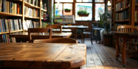 Aufkleber - An empty wood table in a cozy corner of a bookstore, waiting for readers to browse and enjoy their finds