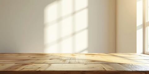 Aufkleber - An empty wood table in a minimalist studio apartment, highlighting simplicity and elegance