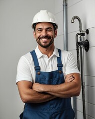 male plumber plain white background smiling happy portrait with copy space