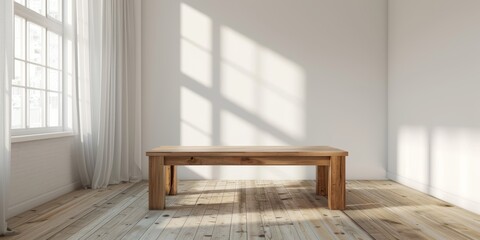 Poster - An empty wood table in a minimalist studio apartment, highlighting simplicity and elegance
