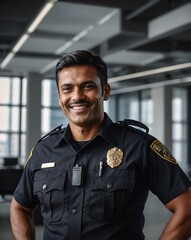 Wall Mural - male police officer in modern office background smiling happy portrait with copy space