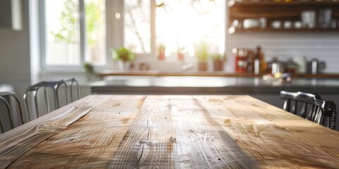 Aufkleber - A polished empty wood table in a modern kitchen, ready for a family meal or casual gathering with friends