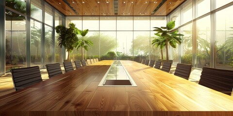 Poster - A long empty wood table in a conference room, set for a professional meeting or corporate event