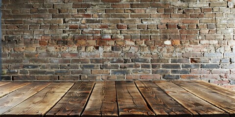Aufkleber - An empty wood table set against a brick wall, creating a contrast between natural textures and industrial elements
