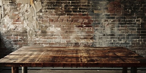 Fototapete - An empty wood table set against a brick wall, creating a contrast between natural textures and industrial elements