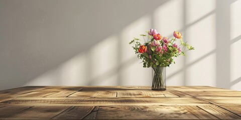 Aufkleber - An empty wood table with a vase of fresh flowers, adding a touch of color and freshness to the scene