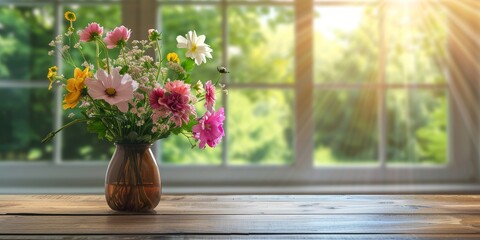 Aufkleber - An empty wood table with a vase of fresh flowers, adding a touch of color and freshness to the scene
