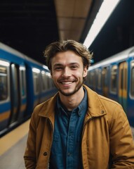 Wall Mural - caucasian guy subway train platform background smiling happy portrait with copy space