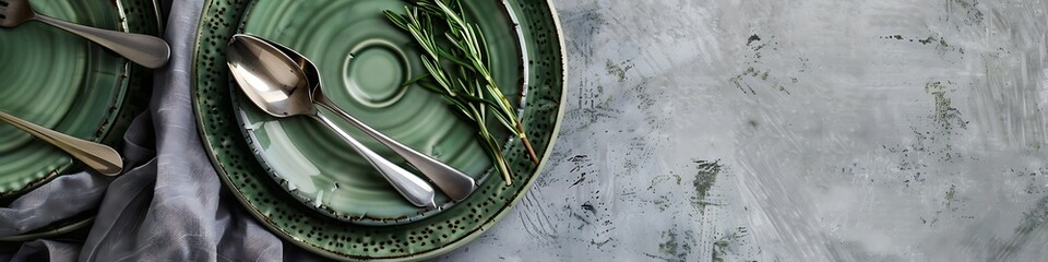 Photo of silver cutlery on green ceramic plates, grey linen napkin, rosemary on the side, concrete background, top view, high resolution.