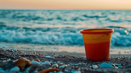 Wall Mural - A colored bucket on the beach close to the coast