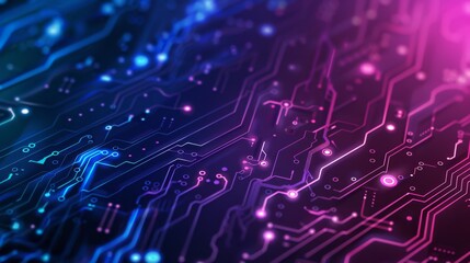 Poster - Close-up view of a futuristic circuit board with glowing neon lights and intricate digital pathways.