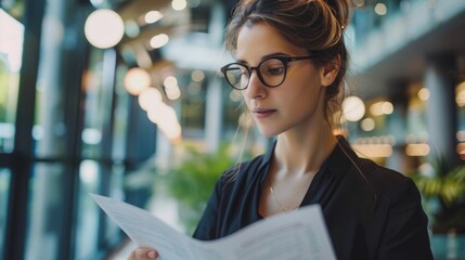 Poster - Businesswoman reading a document, deep in thought in a modern office.
