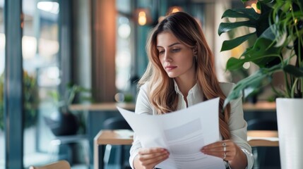 Poster - Businesswoman reading a document, deep in thought in a modern office.