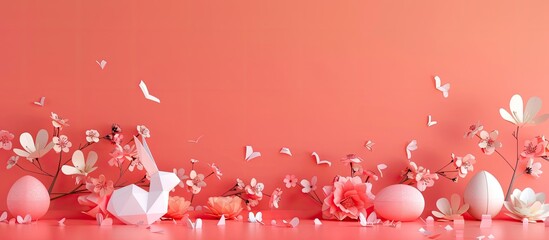Aufkleber - Trendy springtime background with paper craft Easter elements like papercraft eggs flowers and an origami bunny on a coral pink backdrop perfect as a creative copy space image