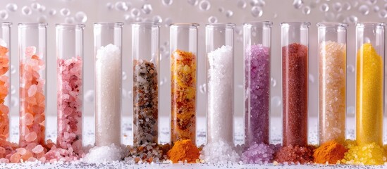 Poster - Different types of bath salts displayed in test tubes against a white backdrop perfect for beauty treatment with copy space image