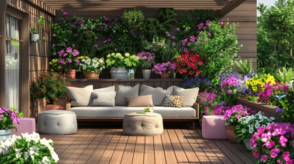 Naklejka na meble A backyard deck with cozy seating and flower pots filled with lush greenery and bright blooms.