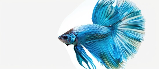 Poster - Betta Splendens a Blue Siamese fighting fish swims against a white backdrop suitable for a copy space image